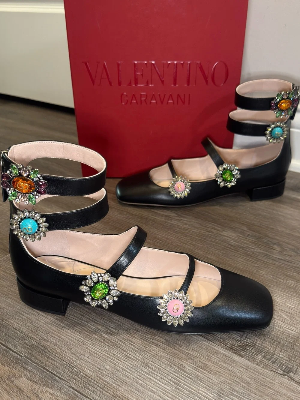 Valentino Garavani Preshoes Jewel Button Logo Ballerina Gladiator Zip Flats - Picture 2 of 16